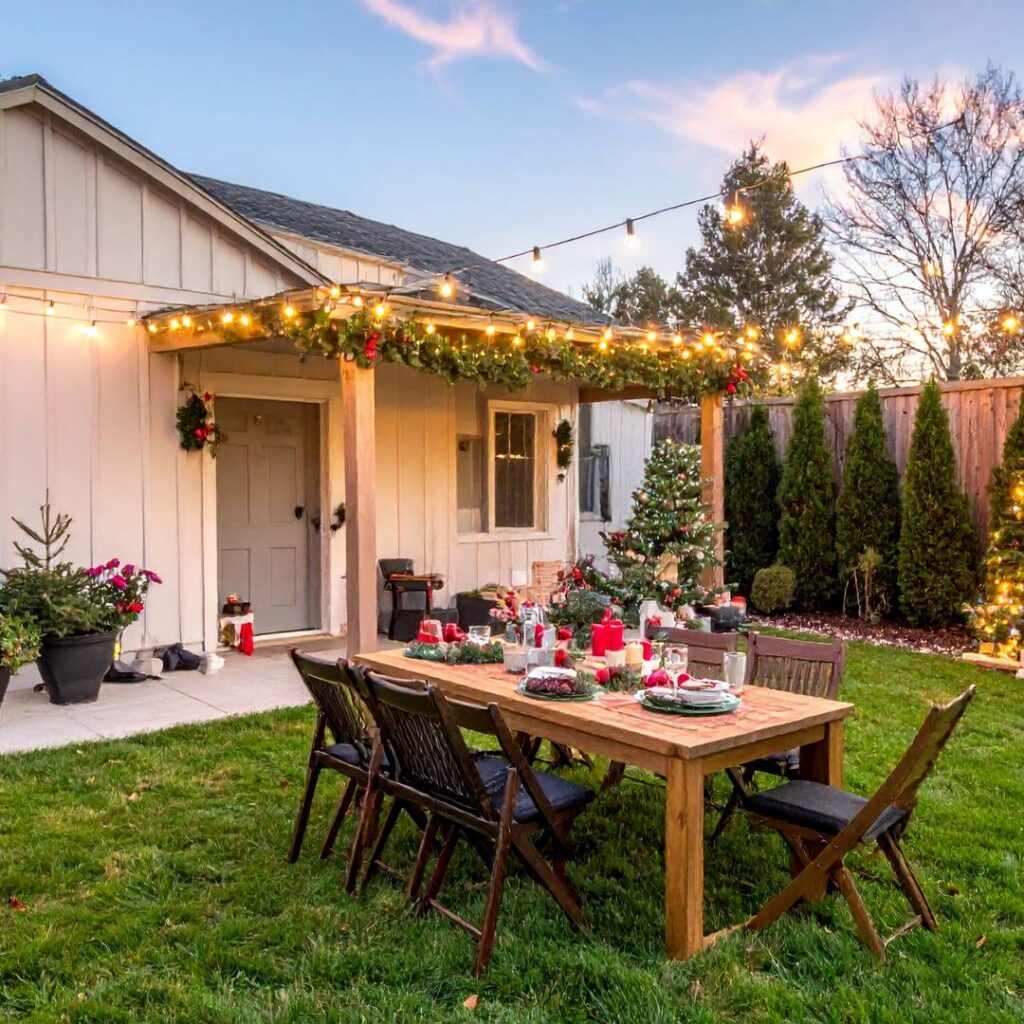 Backyard picnic table set up with a christmas tree and lights for a christmas in july party