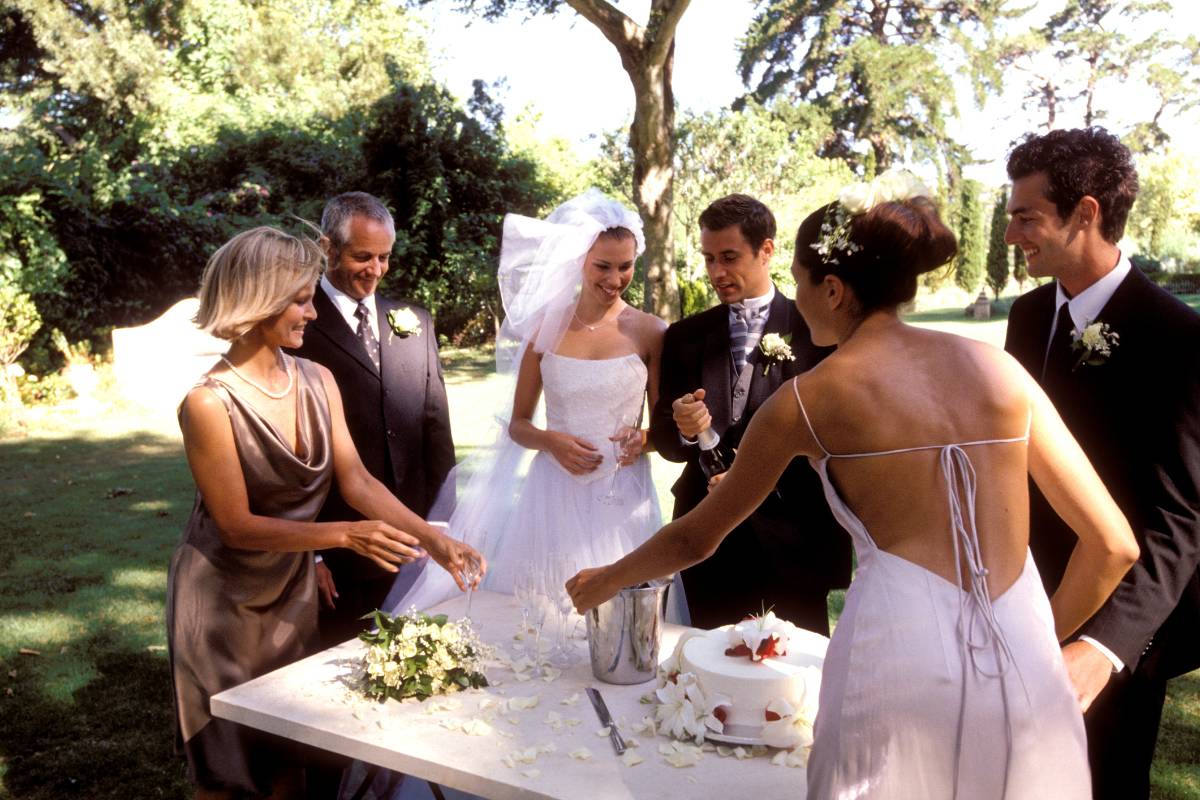 Bridal Party celebrating at a small outdoor reception