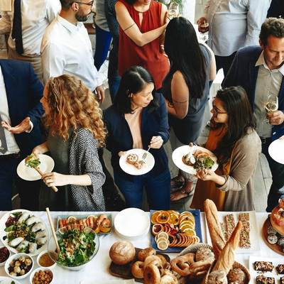 employees enjoying a buffet at a business function