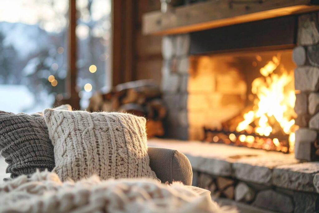 Pillows and blankets next to a roaring fire