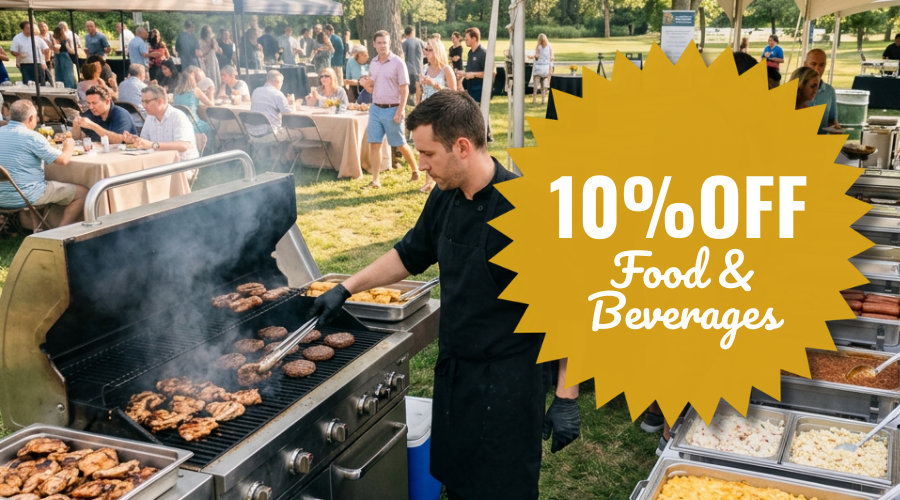10% off catering orders promo with man grilling